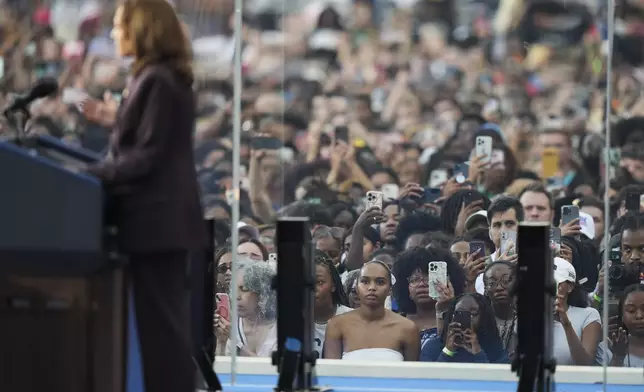 Supporters react as Vice President Kamala Harris delivers a concession speech for the 2024 presidential election, Wednesday, Nov. 6, 2024, on the campus of Howard University in Washington. (AP Photo/Stephanie Scarbrough)