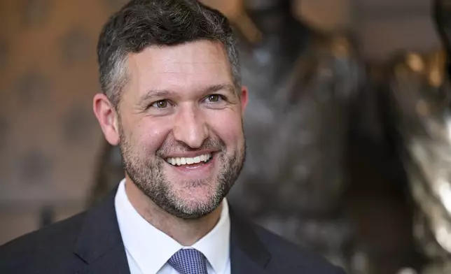 FILE - Rep. Pat Ryan, D-N.Y., speaks to reporters at the National Purple Heart Museum, in New Windsor, NY, Nov. 2, 2022. Ryan is running for re-election in New York's 18th congressional district. (AP Photo/Hans Pennink, File)