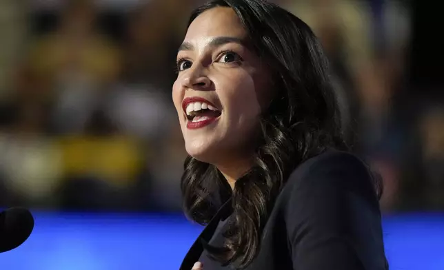 FILE - U.S. Rep. Alexandria Ocasio-Cortez, D-N.Y., speaks during the first day of Democratic National Convention, Aug. 19, 2024, in Chicago. Ocasio-Cortez is the Democrat candidate for New York's 14th Congressional District. (AP Photo/Jacquelyn Martin, File)