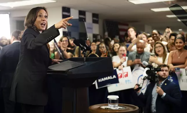 FILE - Vice President Kamala Harris speaks at her campaign headquarters in Wilmington, Del., July 22, 2024. (Erin Schaff/The New York Times via AP, Pool, File)