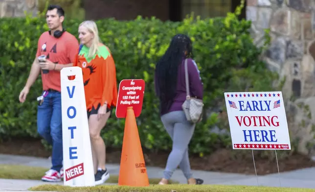 FILE - An Early Voting sign and a "No Campaigning within 150 feet of Polling Place" sign seen the polling station, Oct. 31, 2024, in Stockbridge, Ga. (AP Photo/Jason Allen, File)