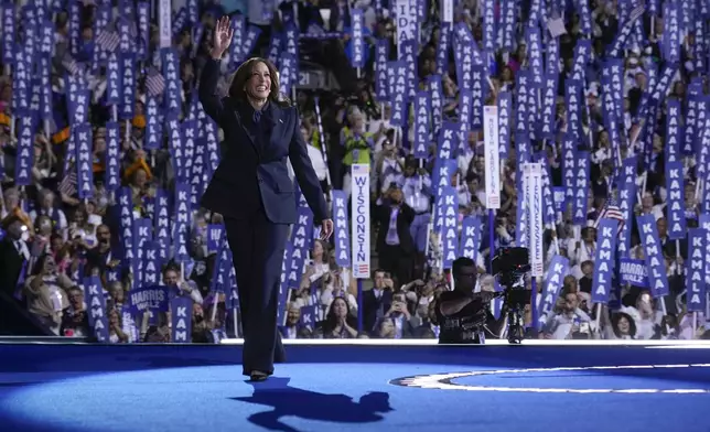 Democratic presidential nominee Vice President Kamala Harris arrives to speak on the final day of the Democratic National Convention, Thursday, Aug. 22, 2024, in Chicago. (AP Photo/Jacquelyn Martin)