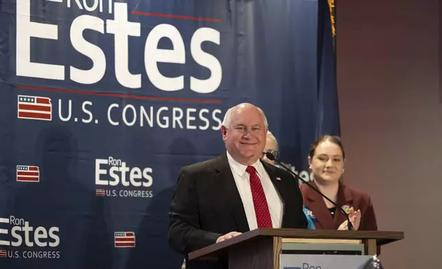 Republican Rep. Ron Estes addresses the crowd gathered at the Cozine Life Events Center in Wichita, Kan., Tuesday, Nov. 5, 2024. (Jaime Green/The Wichita Eagle via AP)