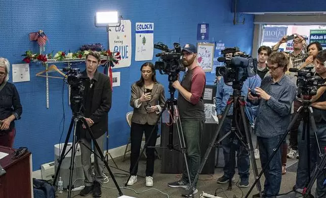 Rep. Jared Golden, D-Maine, addresses the media Wednesday afternoon, Nov. 6, 2024, during a press conference at his campaign office in Lewiston, Maine. (Russ Dillingham/Sun Journal via AP)