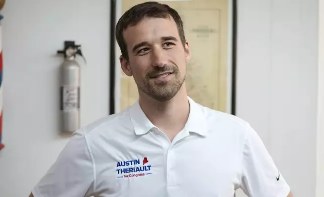 FILE - State Rep. Austin Theriault, R-Fort Kent, campaigns for Maine's 2nd Congressional District, June 5, 2024, in Farmington, Maine. (AP Photo/Robert F. Bukaty, File)