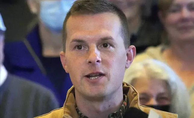 FILE - Rep. Jared Golden, D-Maine, speaks at a news conference, Nov. 1, 2022, at the State House, in Augusta, Maine. (AP Photo/Robert F. Bukaty, File)