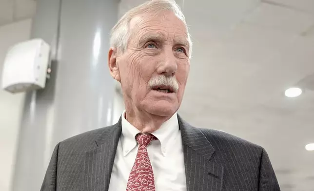 FILE — Sen. Angus King, I-Maine, speaks with reporters at the Senate subway on Capitol Hill, Tuesday, March 12, 2024, in Washington. (AP Photo/Mariam Zuhaib, File)