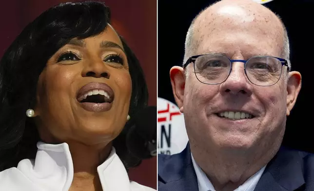 FILE - This combination of images shows from left, Democratic Maryland Senate candidate Angela Alsobrooks in Chicago, Aug. 20, 2024, and Republican opponent, former Maryland Gov. Larry Hogan in Annapolis, on Aug. 27, 2024. (AP Photo Erin Hooley, left; and AP Photo Stephanie Scarbrough, File)