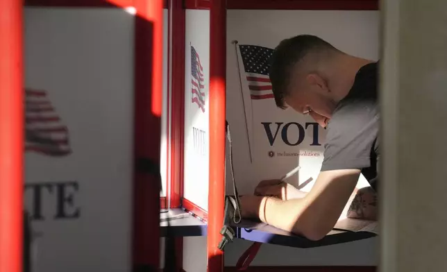 A voter fills out their their ballot during early voting in the general election, Friday, Nov. 1, 2024, in Fall River, Mass. (AP Photo/Steven Senne)