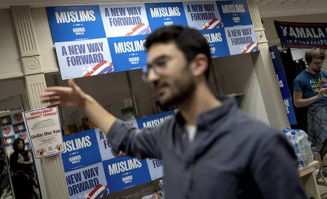 Signs decorate a campaign office for Democratic presidential nominee Vice President Kamala Harris, Sunday, Nov. 3, 2024, in Dearborn, Mich., the nation's largest Arab-majority city. (AP Photo/David Goldman)