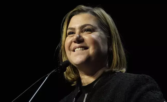 Democratic Michigan Senate candidate Rep. Elissa Slotkin speaks during an election night watch party, Wednesday, Nov. 6, 2024, in Detroit. (AP Photo/Carlos Osorio)