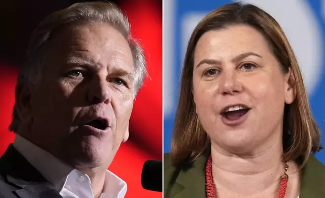 FILE - This combination of images shows from left, Republican Michigan Senate candidate Mike Rogers in University Center, Mich., on Oct. 3, 2024, and opponent U.S. Rep. Elissa Slotkin, D-Mich., in Detroit, on Sept. 2, 2024. (AP Photo Alex Brandon, left; and AP Photo Paul Sancya, File)