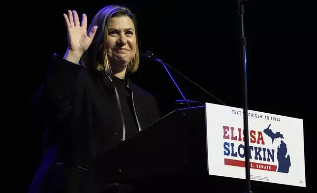 Democratic Michigan Senate candidate Rep. Elissa Slotkin speaks during an election night watch party, Wednesday, Nov. 6, 2024, in Detroit. (AP Photo/Carlos Osorio)