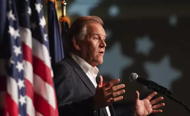 Republican Michigan Senate candidate Mike Rogers speaks during an election night watch party, Tuesday, Nov. 5, 2024, at Suburban Showplace Collection in Novi, Mich. (AP Photo/Paul Sancya)