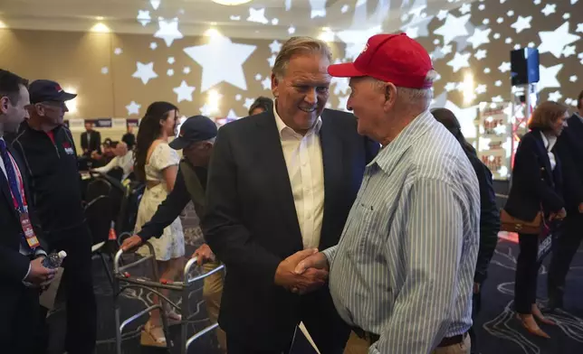 Republican Michigan Senate candidate Mike Rogers greets supporters during an election night watch party, Tuesday, Nov. 5, 2024, at Suburban Showplace Collection in Novi, Mich. (AP Photo/Paul Sancya)