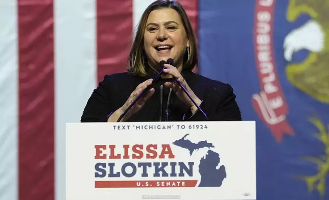 Democratic Michigan Senate candidate Rep. Elissa Slotkin speaks during an election night watch party, Wednesday, Nov. 6, 2024 in Detroit. (AP Photo/Carlos Osorio)