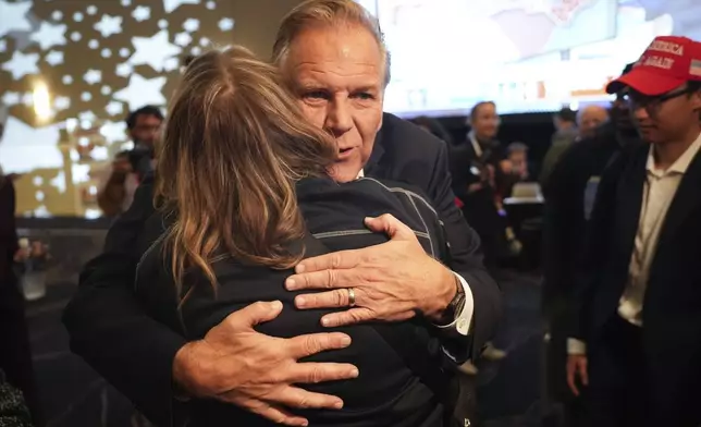 Republican Michigan Senate candidate Mike Rogers greets supporters during an election night watch party, Tuesday, Nov. 5, 2024, at Suburban Showplace Collection in Novi, Mich. (AP Photo/Paul Sancya)