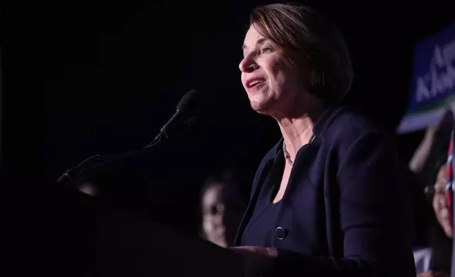 Sen. Amy Klobuchar speaks at the DFL election night watch party, Tuesday, Nov. 5, 2024, in St. Paul, Minn. (AP Photo/Abbie Parr)