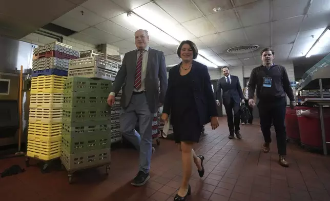 Sen. Amy Klobuchar walks through a hallway to speak at the DFL election night watch party, Tuesday, Nov. 5, 2024, in St. Paul, Minn. (AP Photo/Abbie Parr)