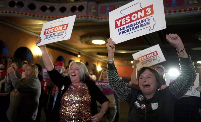 People at a election night watch party react after an abortion rights amendment to the Missouri constitution passed Tuesday, Nov. 5, 2024, in Kansas City, Mo. (AP Photo/Charlie Riedel)