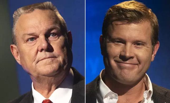 FILE - This combination of images shows from left, U.S. Sen. Jon Tester, and opponent, Republican Montana Senate candidate Tim Sheehy, during a debate in Missoula, Mont., on Sept. 30, 2024. (Ben Allan Smith/The Missoulian via AP, File)