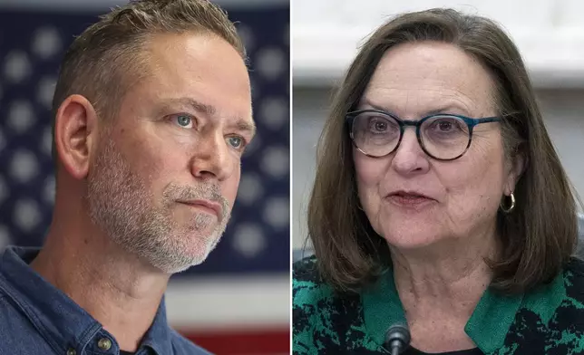 FILE - This combination of images shows from left, Independent Nebraska Senate candidate Dan Osborn, left, in Omaha, Neb., on May 15, 2024, and opponent, Sen. Deb Fischer, R-Neb., in Washington on March 14, 2023. (Nikos Frazier/Omaha World-Herald via AP, left; and AP Photo Alex Brandon, File)