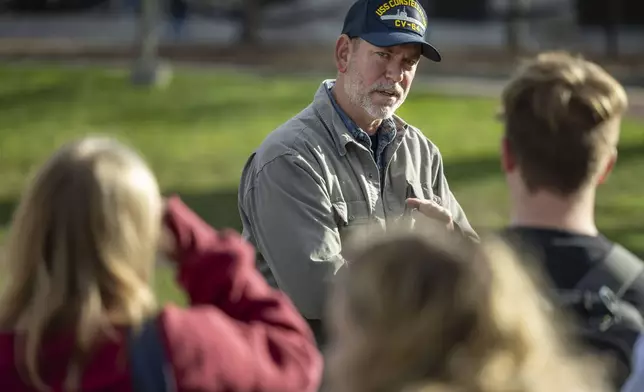 Dan Osborn, Independent candidate for U.S. Senate, speaks to University of Nebraska-Lincoln students at the UNL City Union on Election Day, Tuesday, Nov. 5, 2024, in Lincoln, Neb. (Kenneth Ferriera/Lincoln Journal Star via AP)