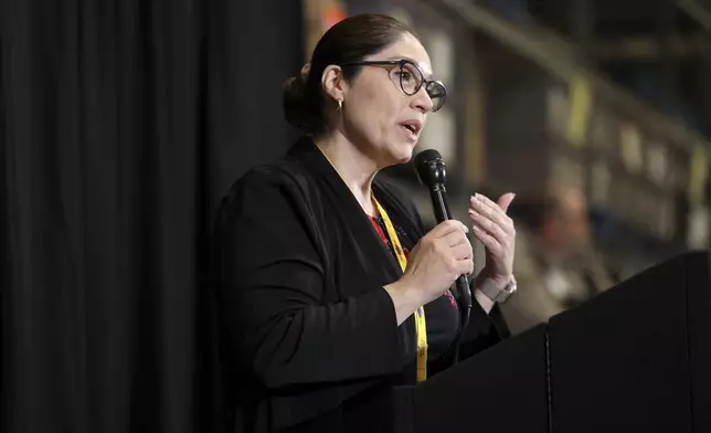 Clark County Registrar of Voters Lorena Portillo speaks during a press conference Wednesday, Nov. 6, 2024, in Las Vegas. (AP Photo/Ian Maule)