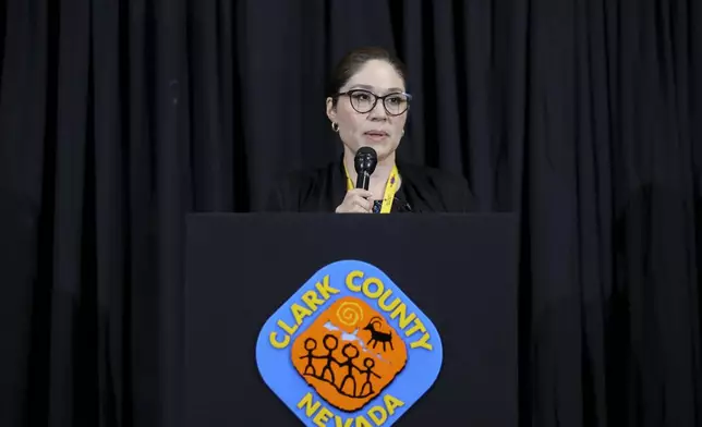 Clark County Registrar of Voters Lorena Portillo speaks during a press conference Wednesday, Nov. 6, 2024, in Las Vegas. (AP Photo/Ian Maule)