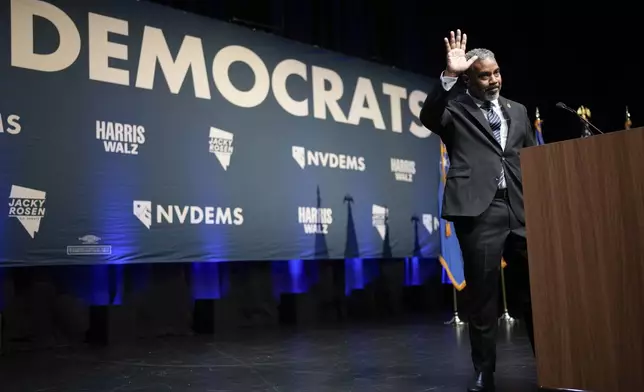 Rep. Steven Horsford, D-Nev., waves to supporters after speaking during a watch party on election night Tuesday, Nov. 5, 2024, in Las Vegas. (AP Photo/John Locher)