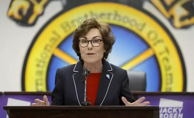 Sen. Jacky Rosen, D-Nev., gives a victory speech at the Teamsters Local 631 meeting hall Saturday, Nov. 9, 2024, in Las Vegas. (Steve Marcus/Las Vegas Sun via AP)