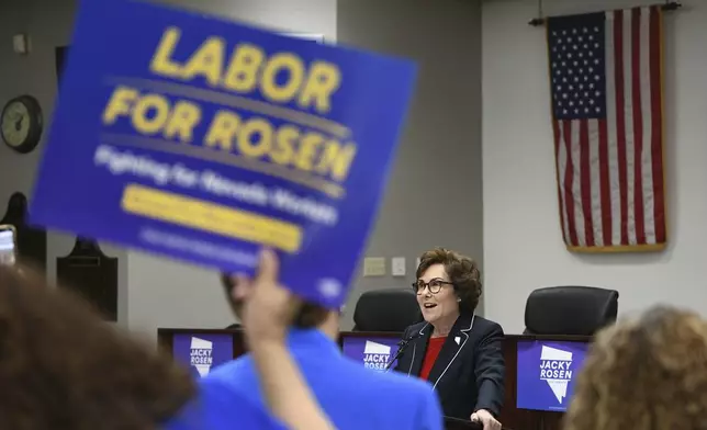 Sen. Jacky Rosen, D-Nev., delivers remarks after winning re-election Saturday, Nov. 9, 2024, in Las Vegas. (Sam Morris/Las Vegas Review-Journal via AP)