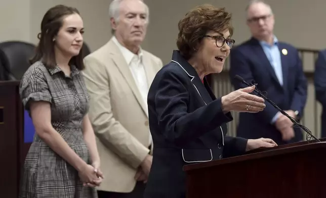 Sen. Jacky Rosen, D-Nev., delivers remarks, while her daughter Miranda Rosen, back left, and husband Larry Rosen listen, after winning re-election Saturday, Nov. 9, 2024, in Las Vegas. (Sam Morris/Las Vegas Review-Journal via AP)