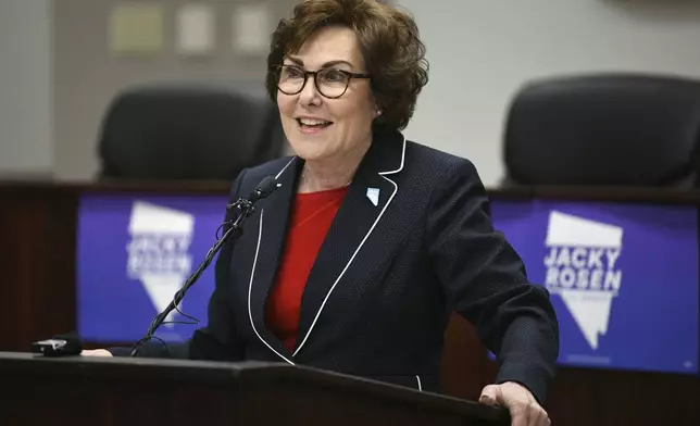 Sen. Jacky Rosen, D-Nev., delivers remarks after winning re-election Saturday, Nov. 9, 2024, in Las Vegas. (Sam Morris/Las Vegas Review-Journal via AP)