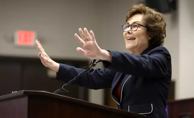 Sen. Jacky Rosen, D-Nev., gives a victory speech at the Teamsters Local 631 meeting hall Saturday, Nov. 9, 2024, in Las Vegas. (Steve Marcus/Las Vegas Sun via AP)