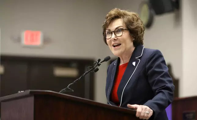 Sen. Jacky Rosen, D-Nev., gives a victory speech at the Teamsters Local 631 meeting hall Saturday, Nov. 9, 2024, in Las Vegas. (Steve Marcus/Las Vegas Sun via AP)