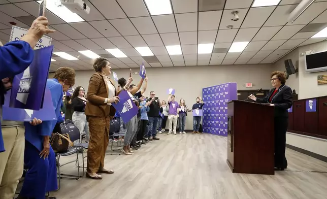 Supporters cheer as Sen. Jacky Rosen, D-Nev., arrives to give a victory speech at the Teamsters Local 631 meeting hall Saturday, Nov. 9, 2024, in Las Vegas. (Steve Marcus/Las Vegas Sun via AP)