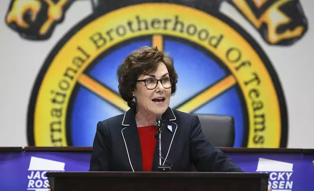 Sen. Jacky Rosen, D-Nev., delivers remarks after winning re-election Saturday, Nov. 9, 2024, in Las Vegas. (Sam Morris/Las Vegas Review-Journal via AP)