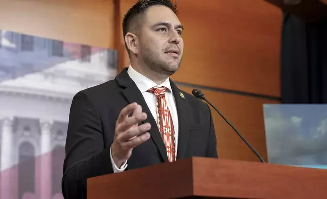FILE - Rep. Gabe Vasquez, D-N.M., speaks during a news conference to announce the bipartisan Southwest Caucus, June 15, 2023, on Capitol Hill in Washington. (AP Photo/Mariam Zuhaib, File)