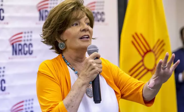 FILE - Republican candidate for New Mexico's 2nd Congressional District Yvette Herrell speaks at a campaign event in Las Cruces, N.M., Aug. 21, 2024. (AP Photo/Andres Leighton, File)