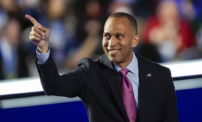 FILE - Rep. Hakeem Jeffries, D-NY, during the Democratic National Convention, Aug. 21, 2024, in Chicago. (AP Photo/Charles Rex Arbogast, File)