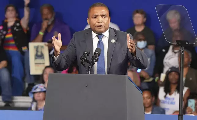 FILE - Rep. Don Davis, D-N.C., speaks at a campaign event for Democratic presidential nominee Vice President Kamala Harris, at East Carolina University, Oct. 13, 2024, in Greenville, N.C. (AP Photo/David Yeazell, File)