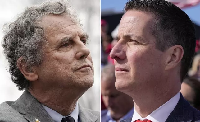 FILE - This combination of images shows from left, Sen. Sherrod Brown, D-Ohio, chairman of the Senate Committee on Banking, Housing, in Washington, on Dec. 7, 2022, and Republican opponent Bernie Moreno, in Vandalia, Ohio, on March 16, 2024. (AP Photo Mariam Zuhaib and AP Photo Jeff Dean, File)