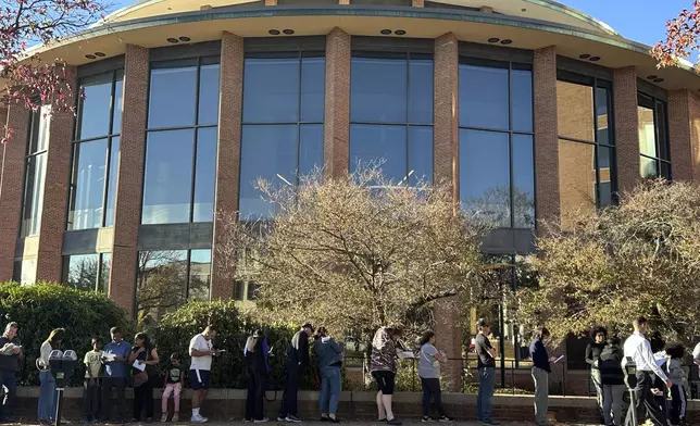 Voters line up outside the Bucks County Administration Building during early voting in the general election, Friday, Nov. 1, 2024, in Doylestown, Pa. (AP Photo/Michael Rubinkam)