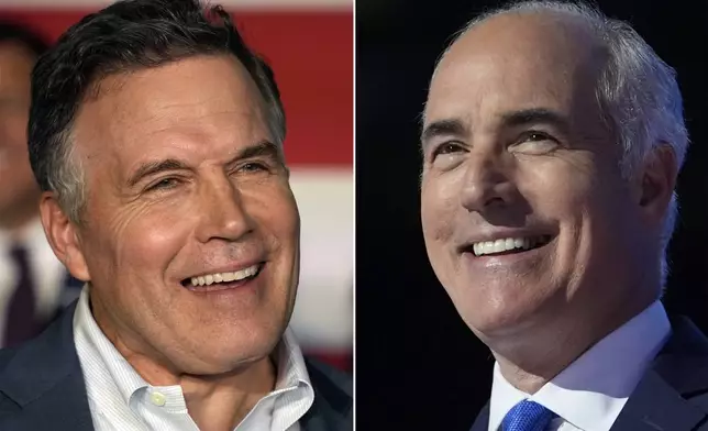 FILE - This combination of images shows from left, Republican Pennsylvania Senate candidate David McCormick, left, in Pittsburgh, on Sept. 21, 2023, and opponent, Sen. Bob Casey, D-Pa., in Chicago, on Aug. 22, 2024. (AP Photo Gene J. Puskar, left; and AP Photo Paul Sancya, File)