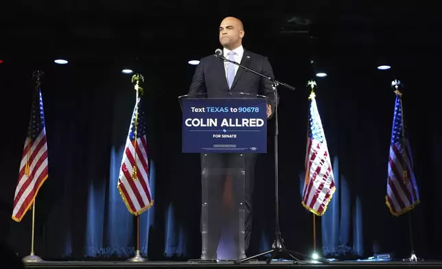 Texas Democratic Senate candidate Rep. Colin Allred, D-Texas, speaks during a watch party on election night, Tuesday, Nov. 5, 2024, in Dallas. (AP Photo/Tony Gutierrez)