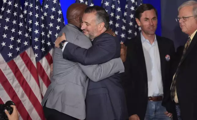 Sen. Ted Cruz, R-Texas, is embraced during a watch party on election night, Tuesday, Nov. 5, 2024, at the Marriott Marquis in Houston. (AP Photo/LM Otero)