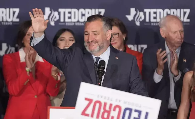 Sen. Ted Cruz, R-Texas, speaks during a watch party on election night, Tuesday, Nov. 5, 2024, at the Marriott Marquis in Houston. (AP Photo/LM Otero)