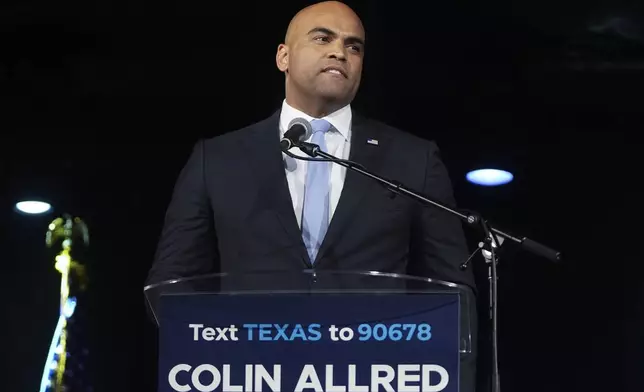 Texas Democratic Senate candidate Rep. Colin Allred, D-Texas, speaks during a watch party on election night, Tuesday, Nov. 5, 2024, in Dallas. (AP Photo/Tony Gutierrez)