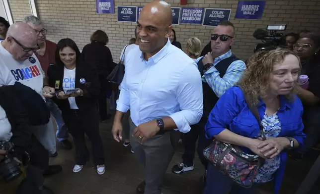 Rep. Colin Allred, D-Texas., speaks during an election night watch party in Dallas, Tuesday, Nov. 5, 2024. (AP Photo/Tony Gutierrez)